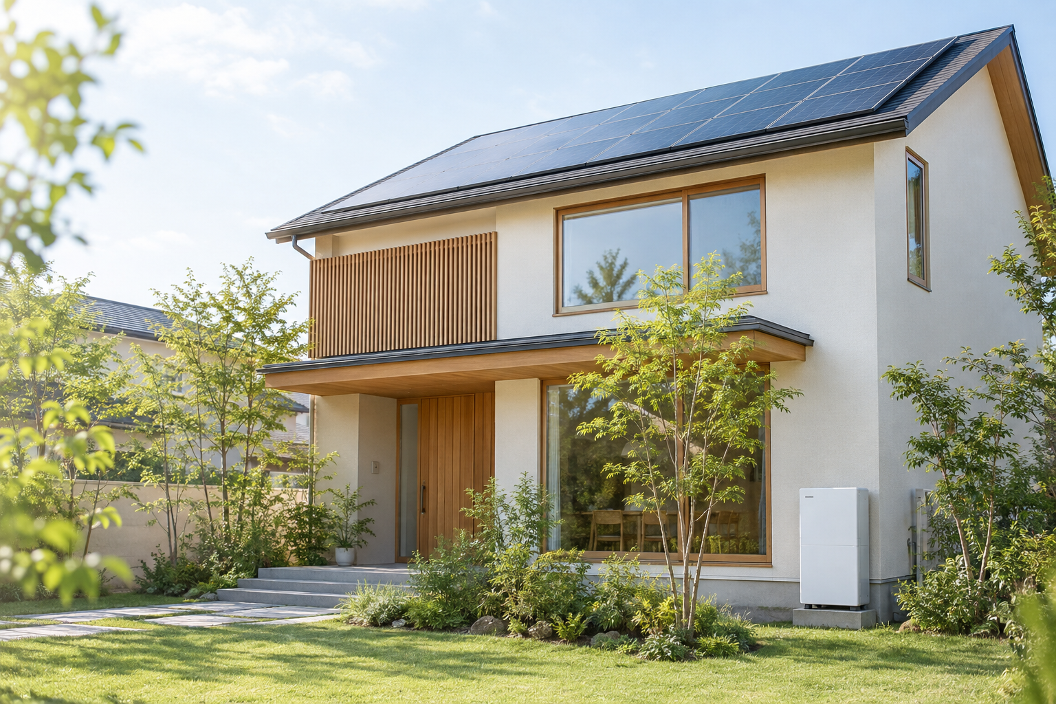 太陽光パネルと家庭用蓄電池のある住宅のイメージ